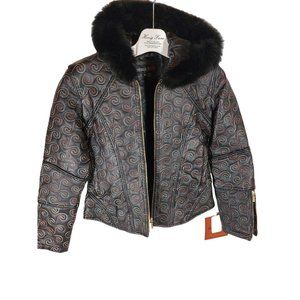 New -  Oscar Kids Black Leather Zip Up Jacket With Fur Hood & Gold Zippers. NWT